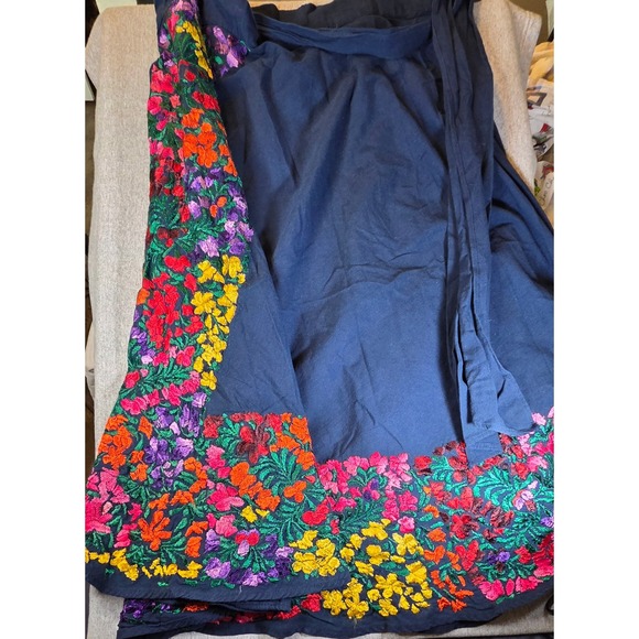 Handmade Dresses & Skirts - Handmade Mexican Floral Embroidered Wrap Skirt Navy Blue Boho Folk Art Maxi
